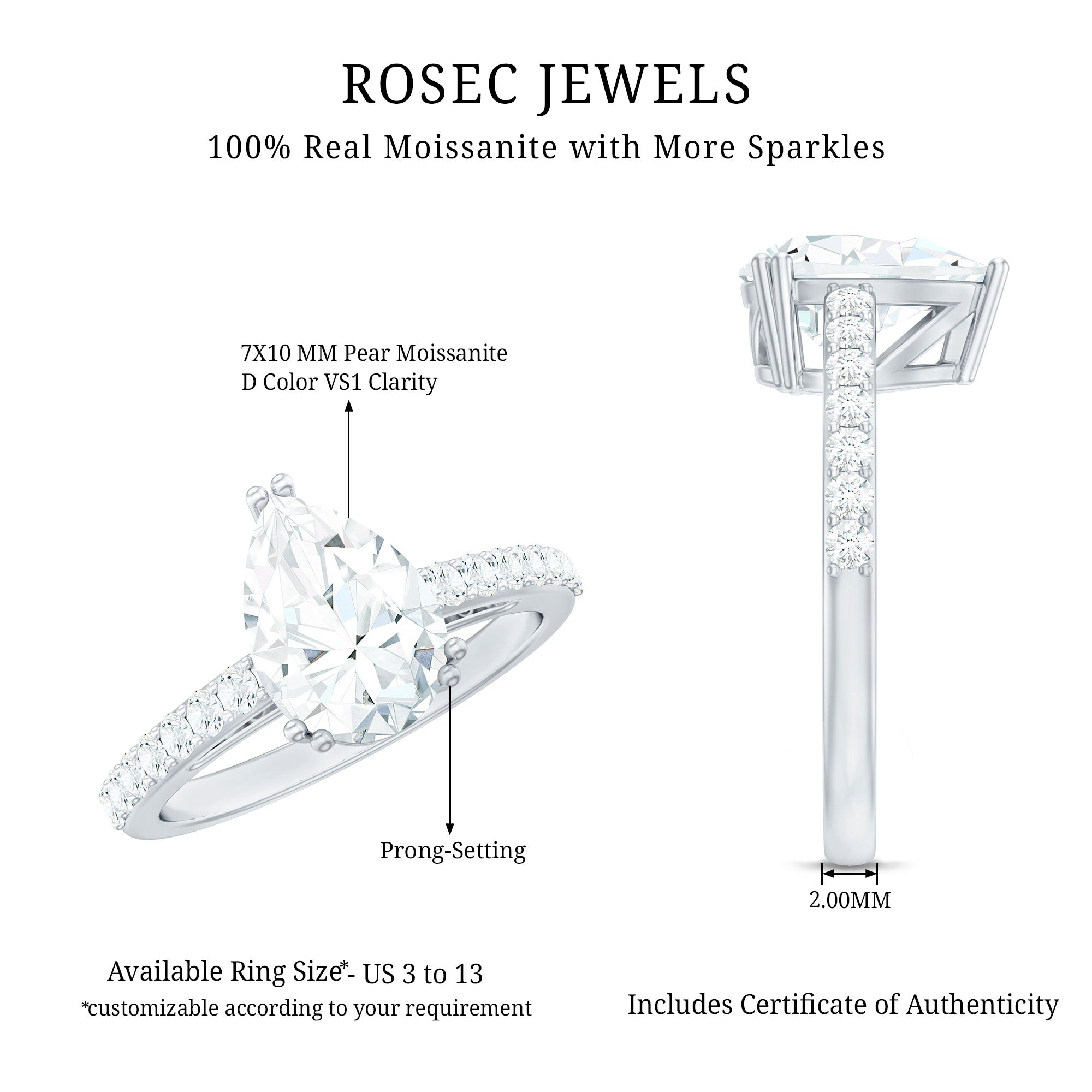 Certified 7X10 MM Moissanite Pear Shaped Engagement Ring