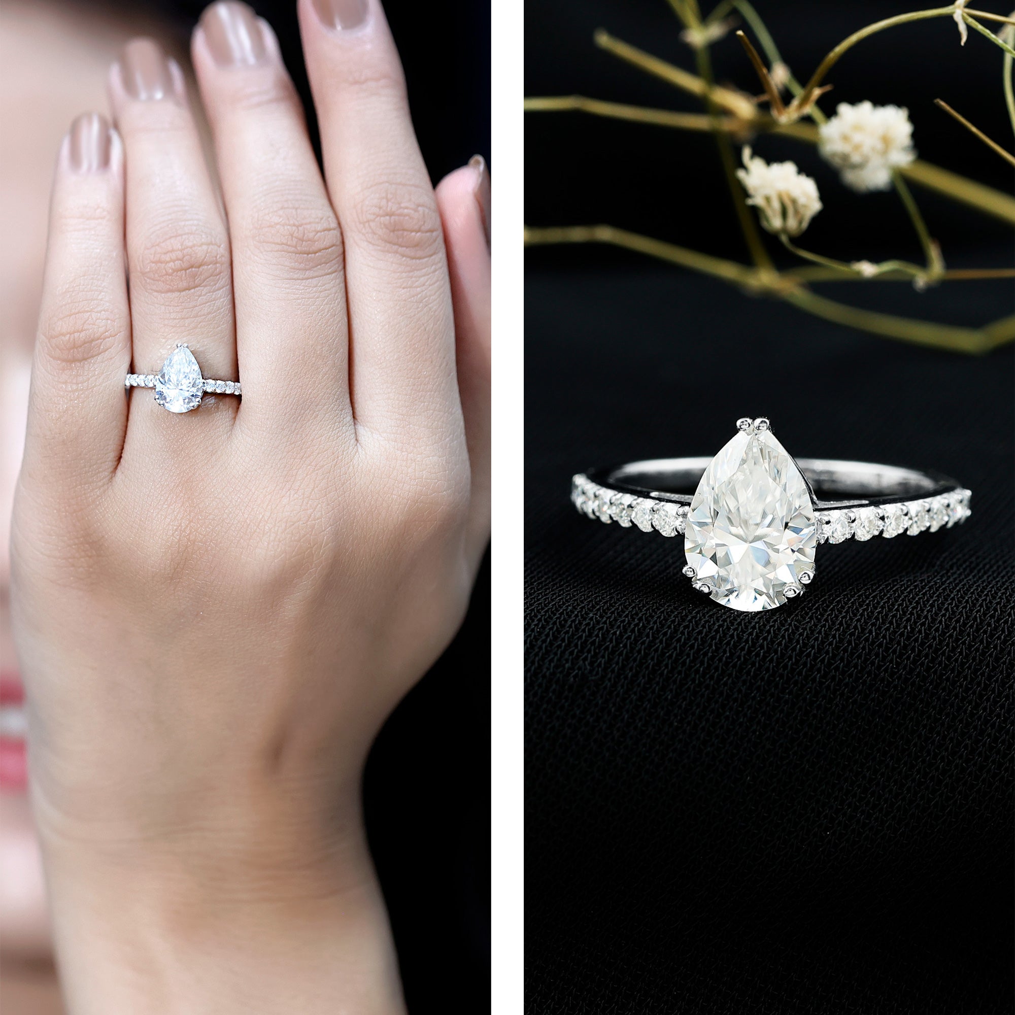 Certified 7X10 MM Moissanite Pear Shaped Engagement Ring