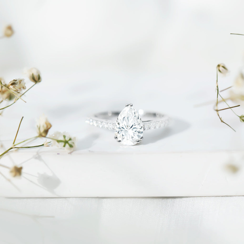 Certified 7X10 MM Moissanite Pear Shaped Engagement Ring