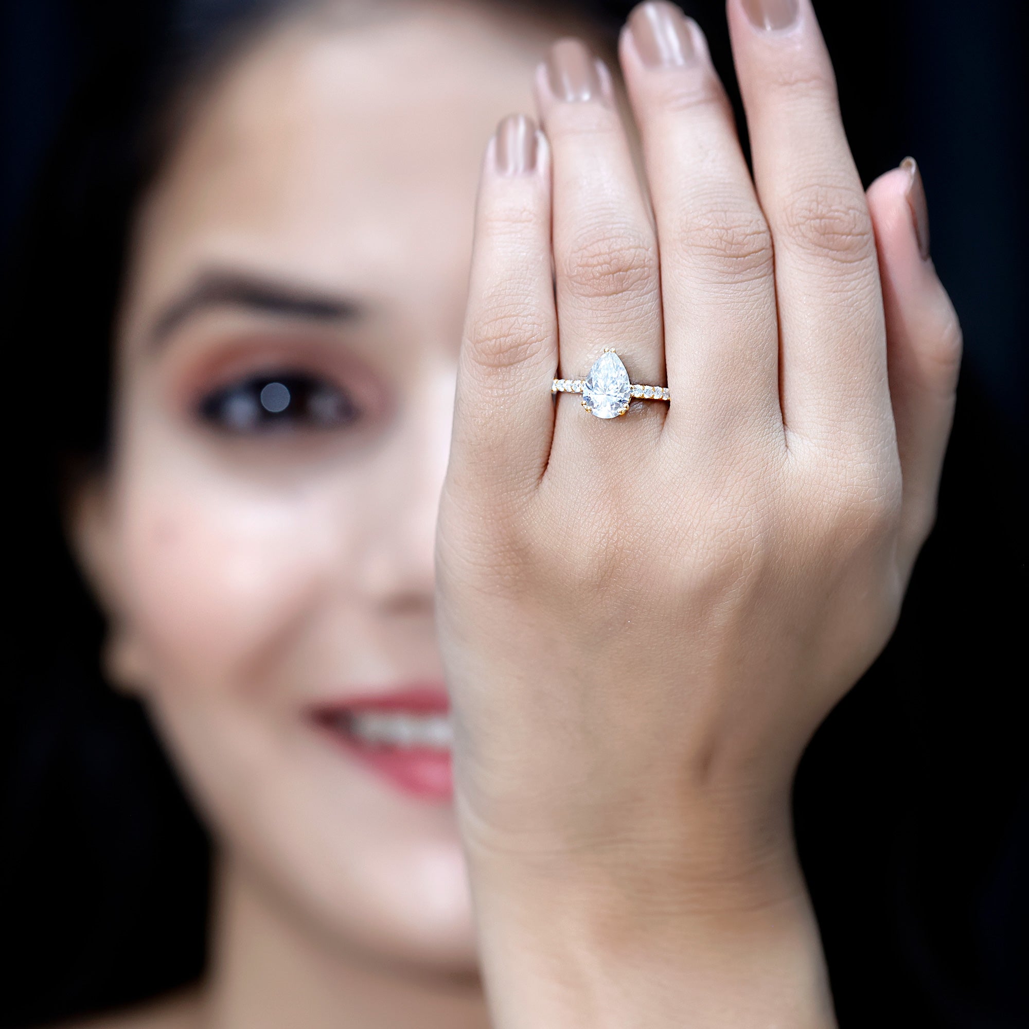 Certified 7X10 MM Moissanite Pear Shaped Engagement Ring