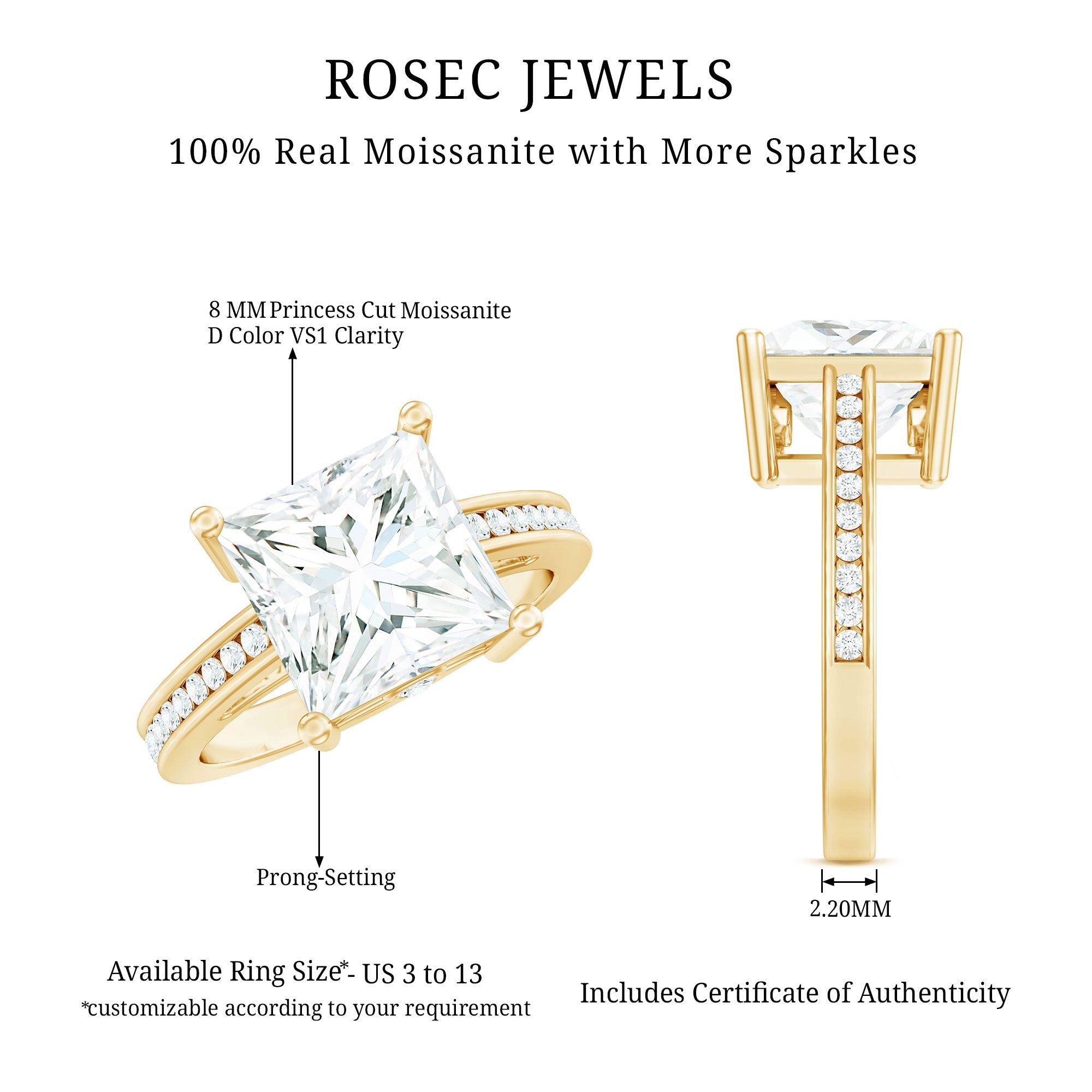 Solitaire Moissanite Princess Cut Engagement Ring with Side Stones