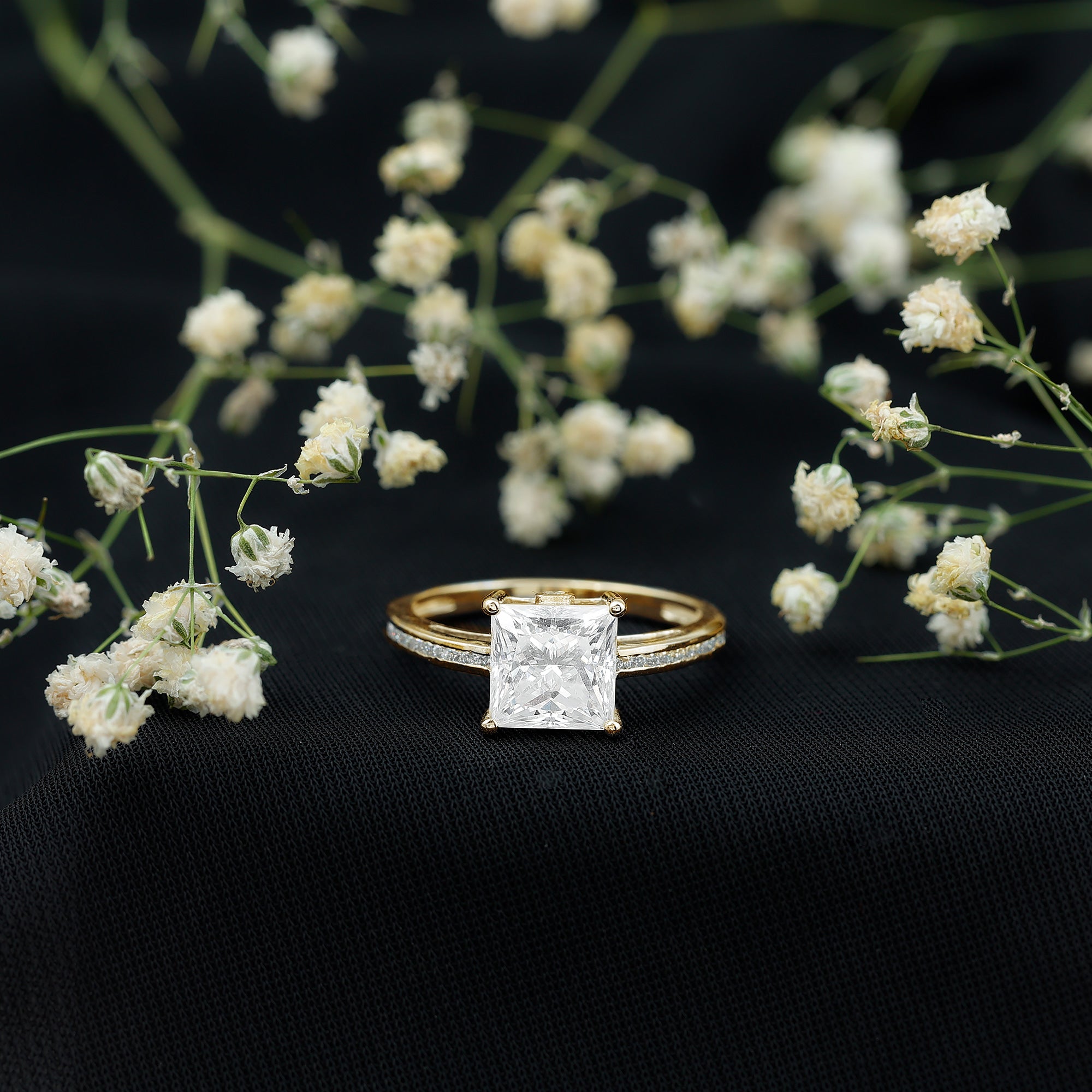 Solitaire Moissanite Princess Cut Engagement Ring with Side Stones