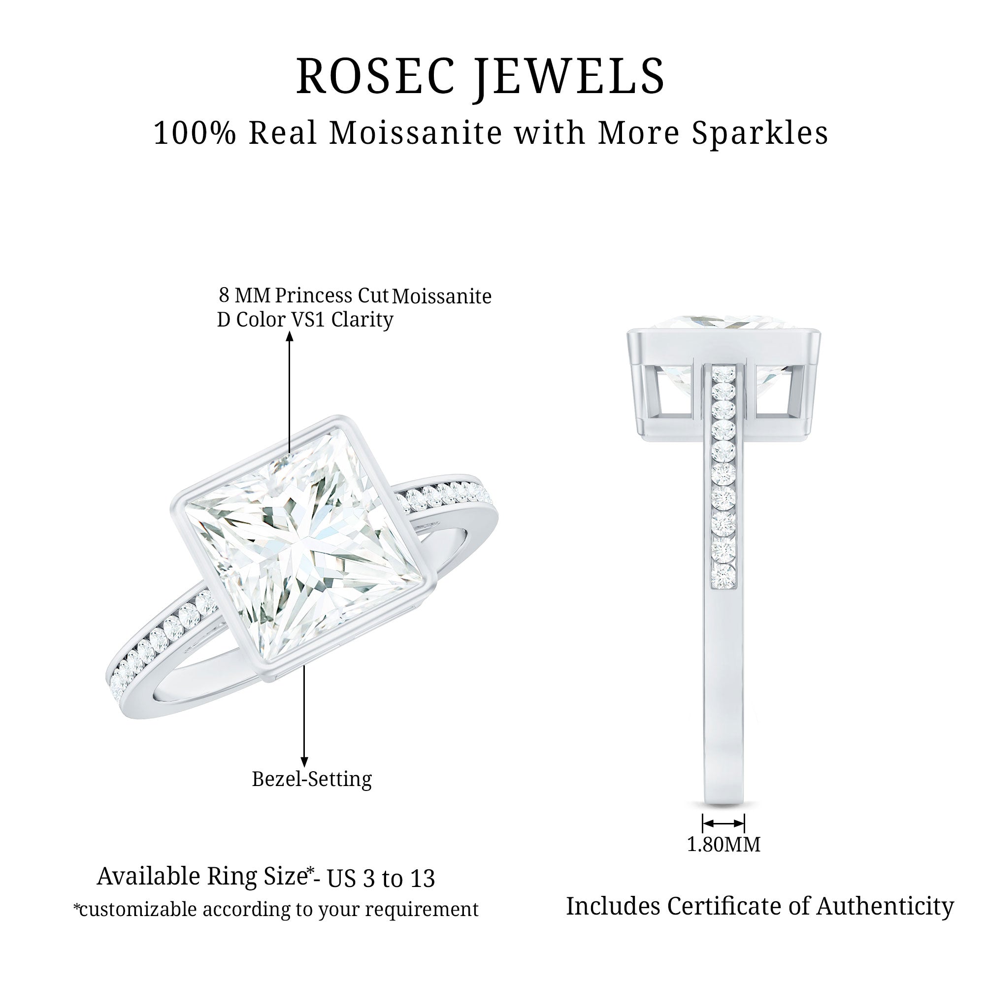 3 CT Moissanite Bezel Set Engagement Ring with Channel Set
