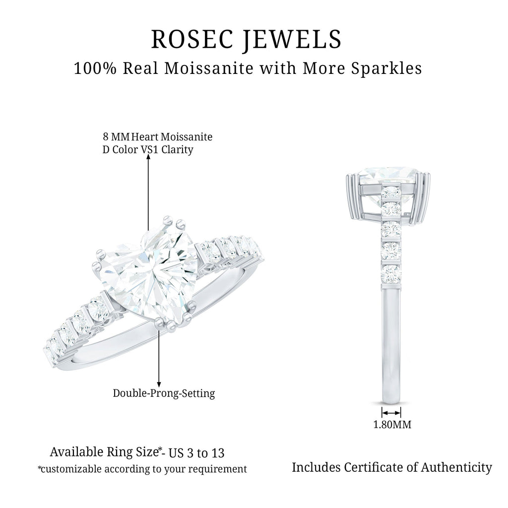 8 MM Certified Moissanite Heart Engagement Ring with Side Stones