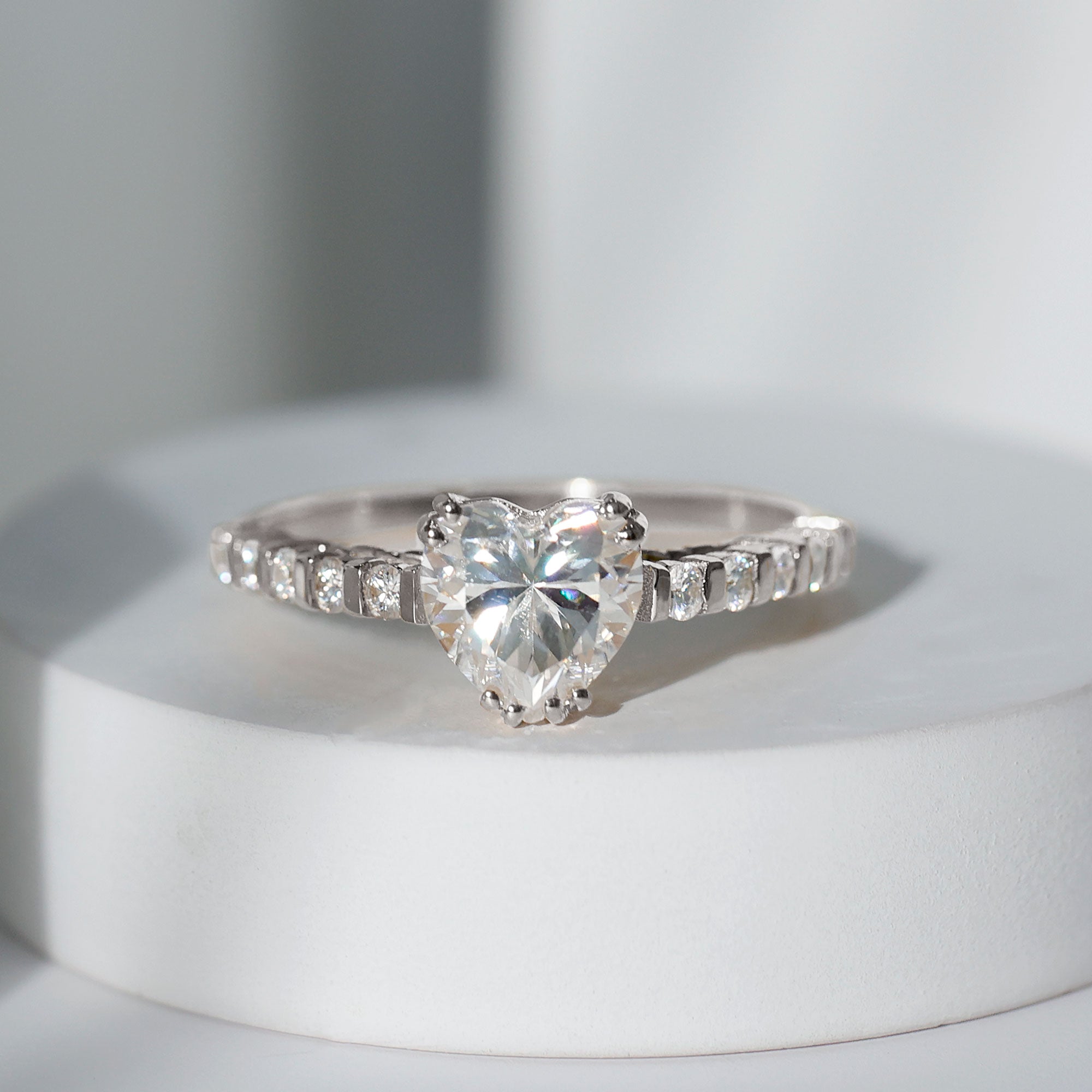8 MM Certified Moissanite Heart Engagement Ring with Side Stones