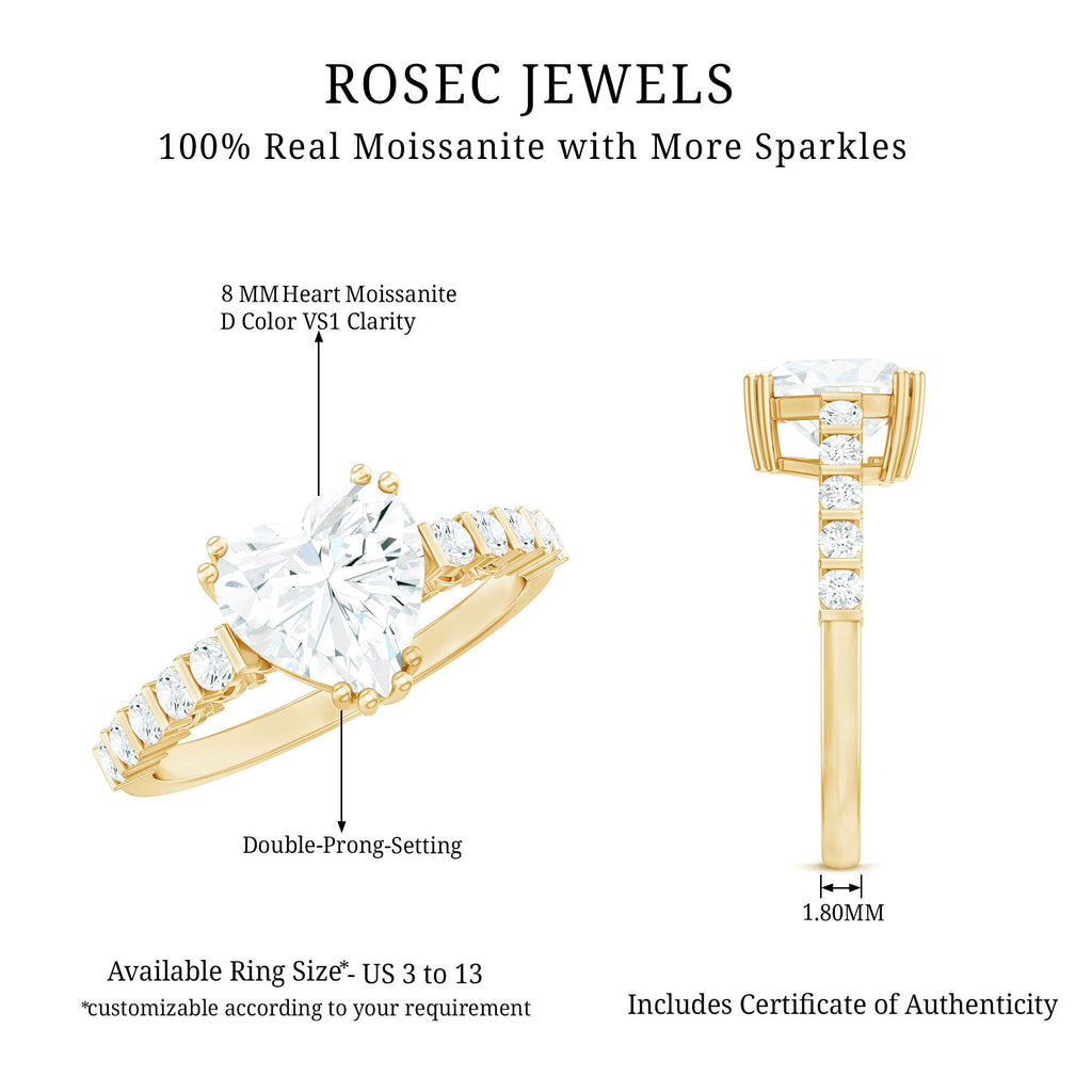 8 MM Certified Moissanite Heart Engagement Ring with Side Stones