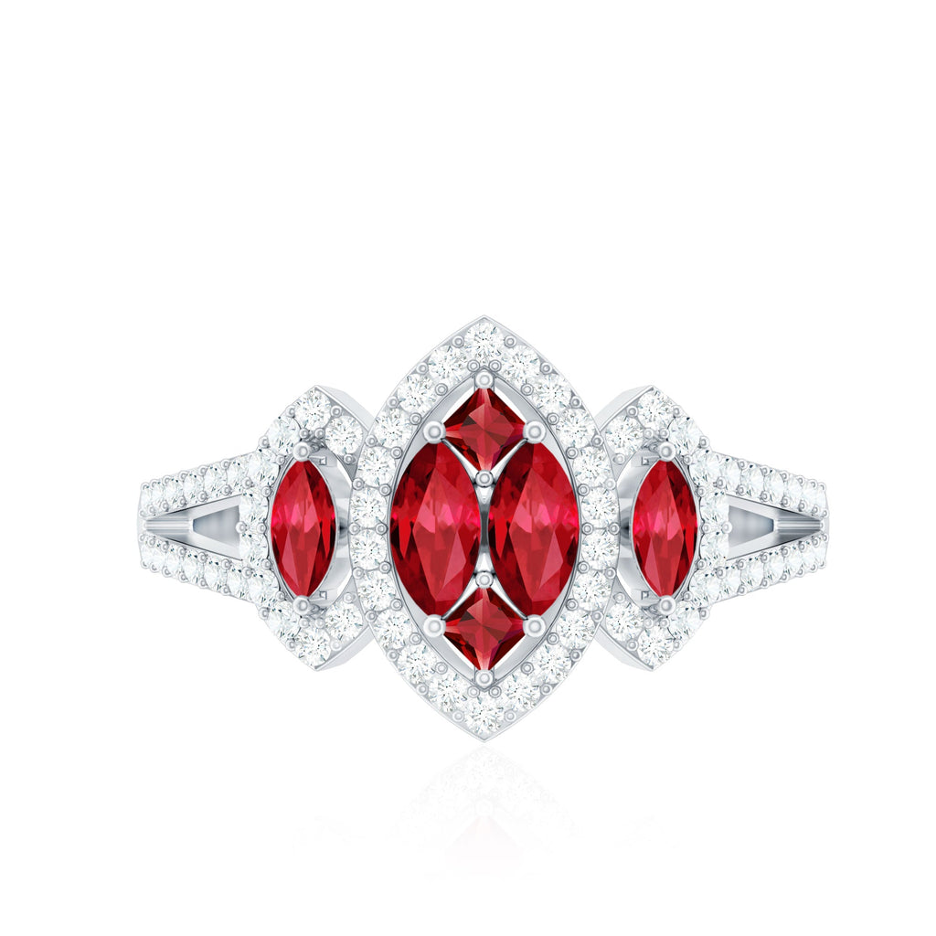Split Shank Lab Grown Ruby and Diamond Cluster Engagement Ring