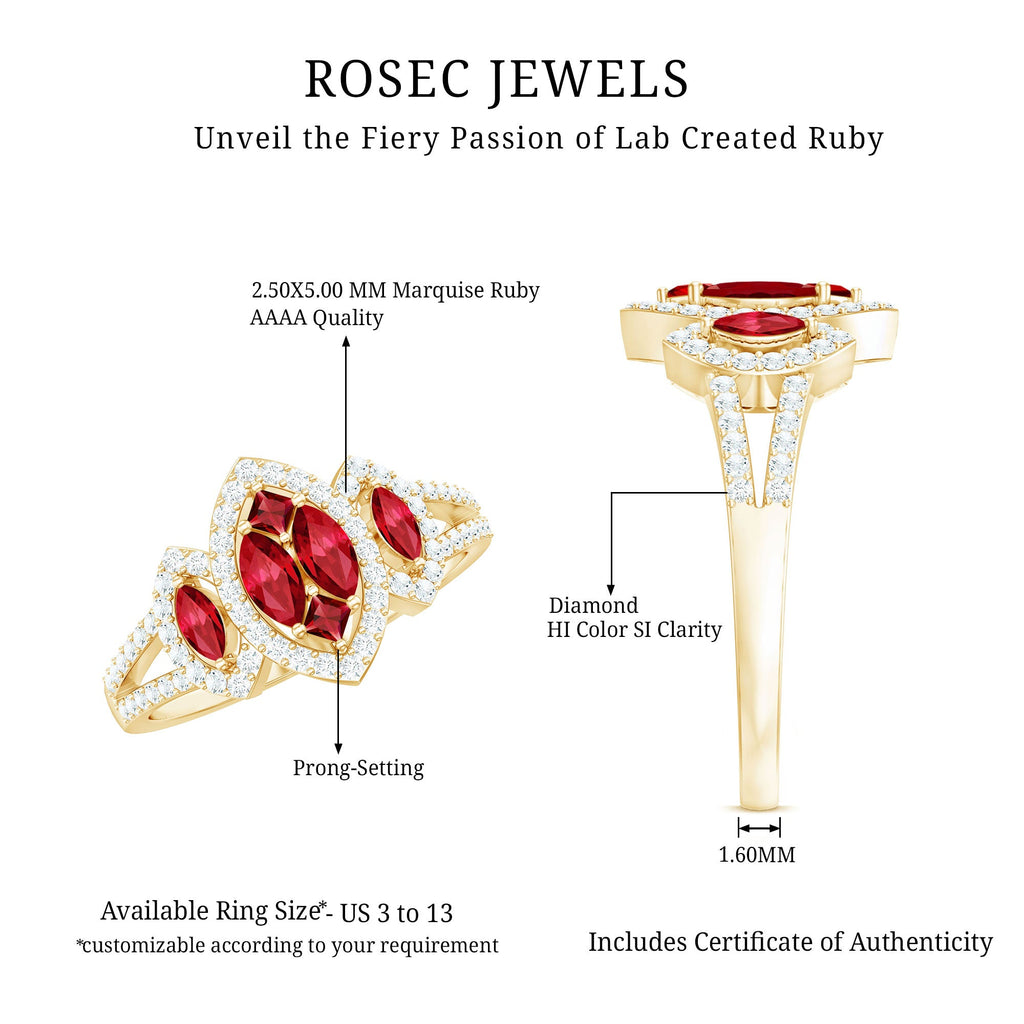 Split Shank Lab Grown Ruby and Diamond Cluster Engagement Ring