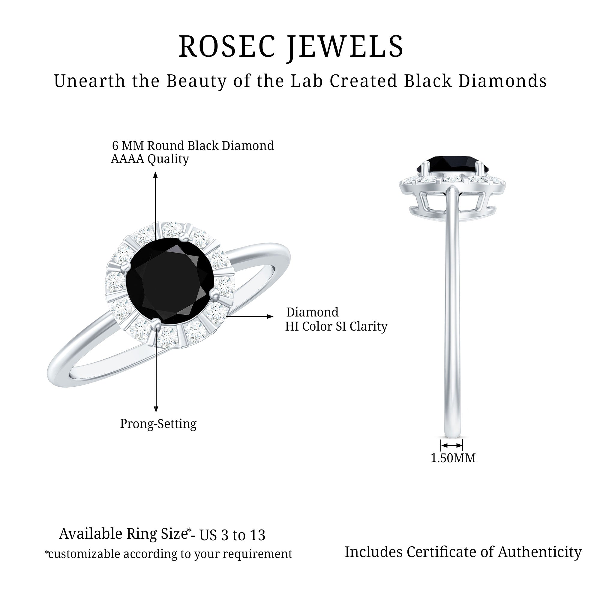 1.75 CT Lab Created Black Diamond Promise Ring with Diamond Halo