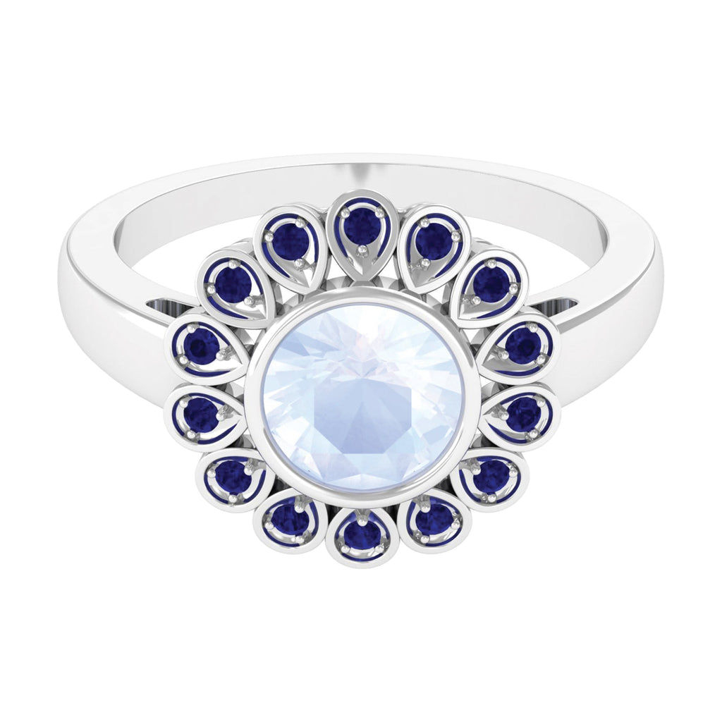 1.25 CT Bezel Set Moonstone Vintage Inspired Engagement Ring with Blue Sapphire