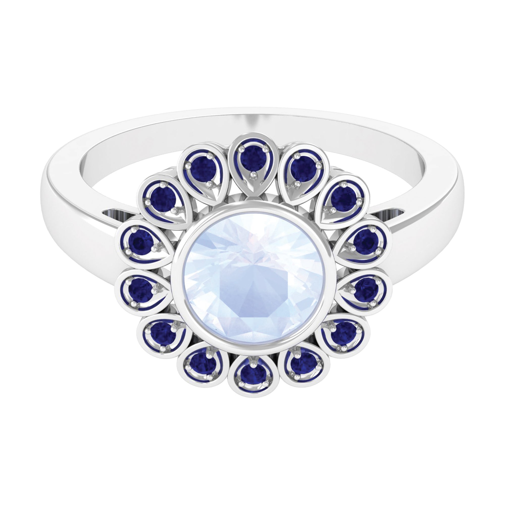 1.25 CT Bezel Set Moonstone Vintage Inspired Engagement Ring with Blue Sapphire