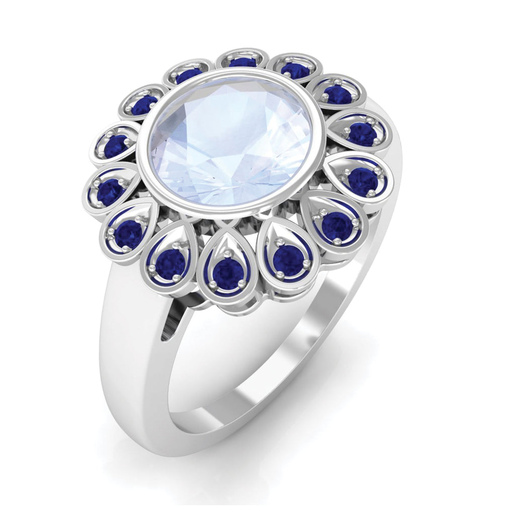 1.25 CT Bezel Set Moonstone Vintage Inspired Engagement Ring with Blue Sapphire