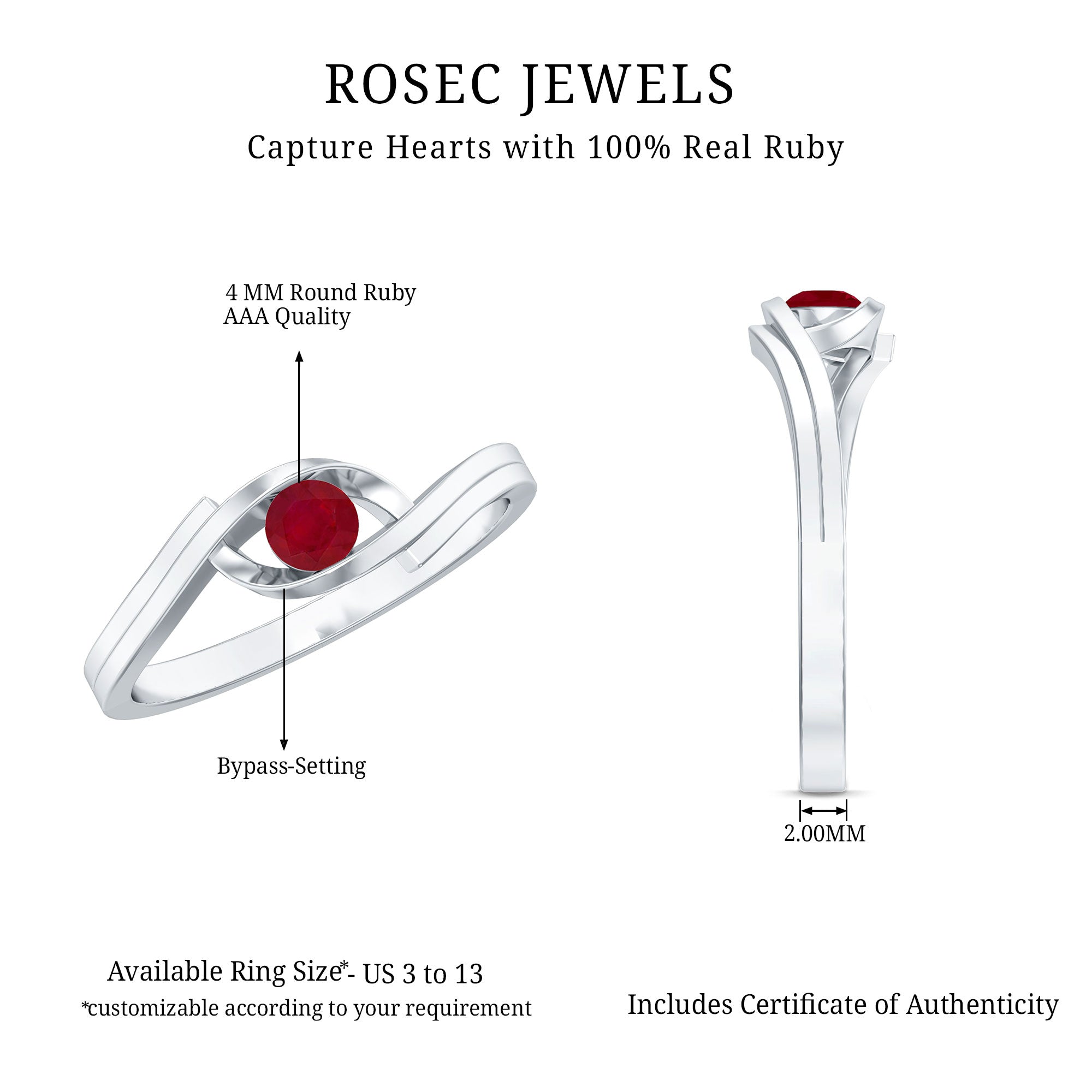 4 MM Round Ruby Solitaire Bypass Promise Ring for Her