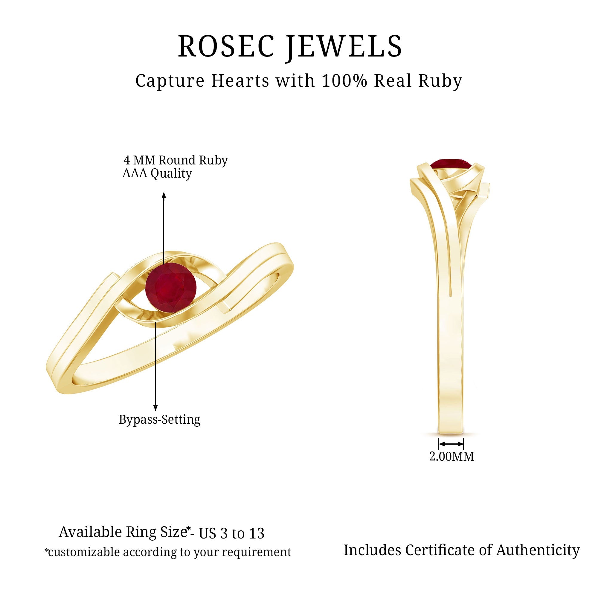 4 MM Round Ruby Solitaire Bypass Promise Ring for Her