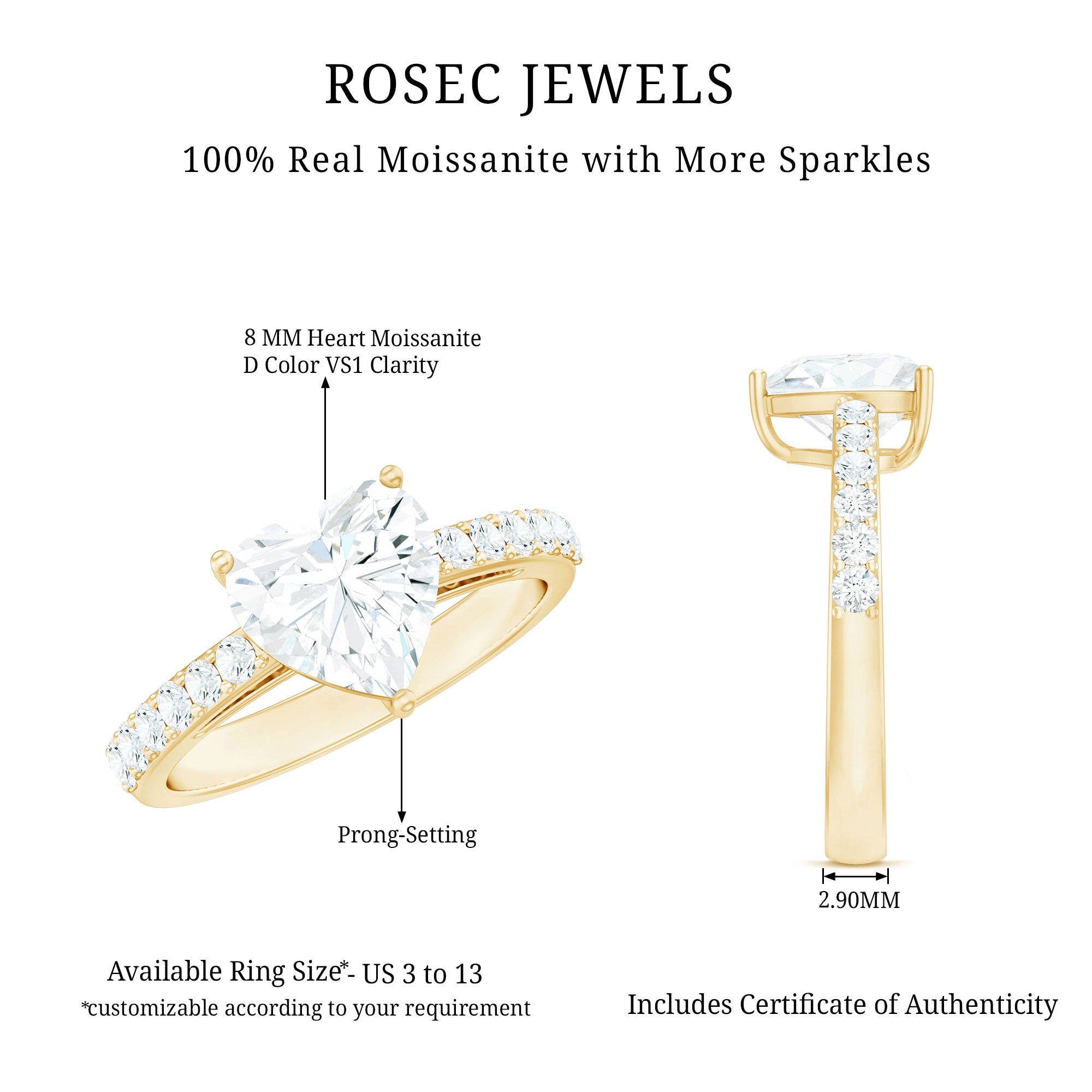 2 CT Moissanite Heart Engagement Ring With Side Stones