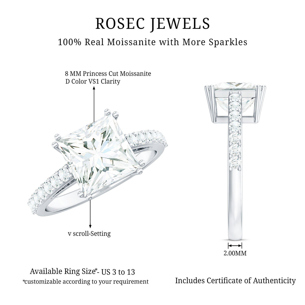 Classic Princess Cut Moissanite Solitaire Engagement Ring with Side Stones