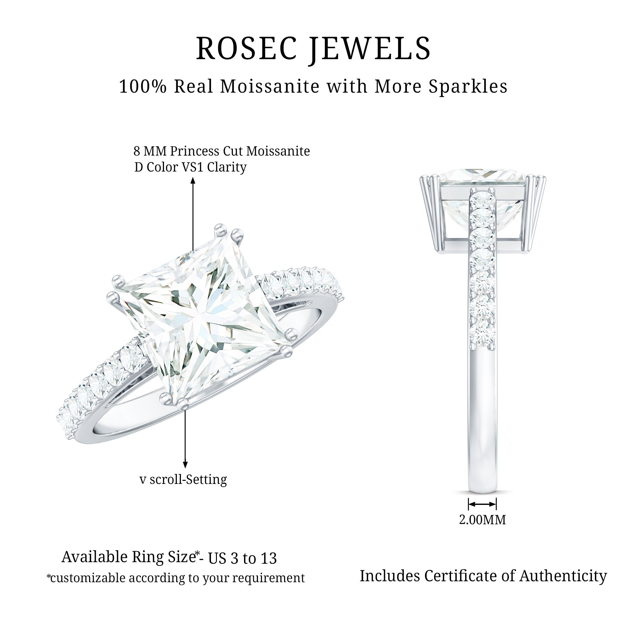 Classic Princess Cut Moissanite Solitaire Engagement Ring with Side Stones
