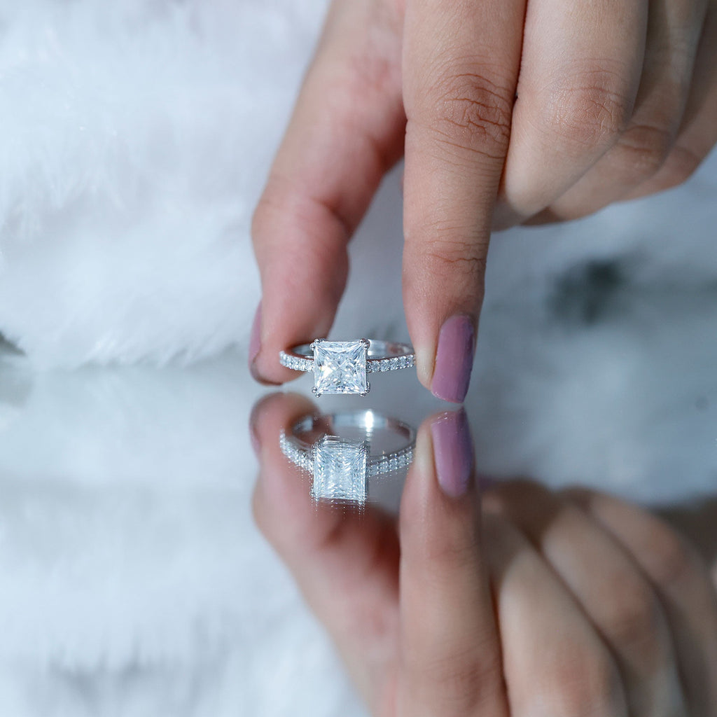 Classic Princess Cut Moissanite Solitaire Engagement Ring with Side Stones