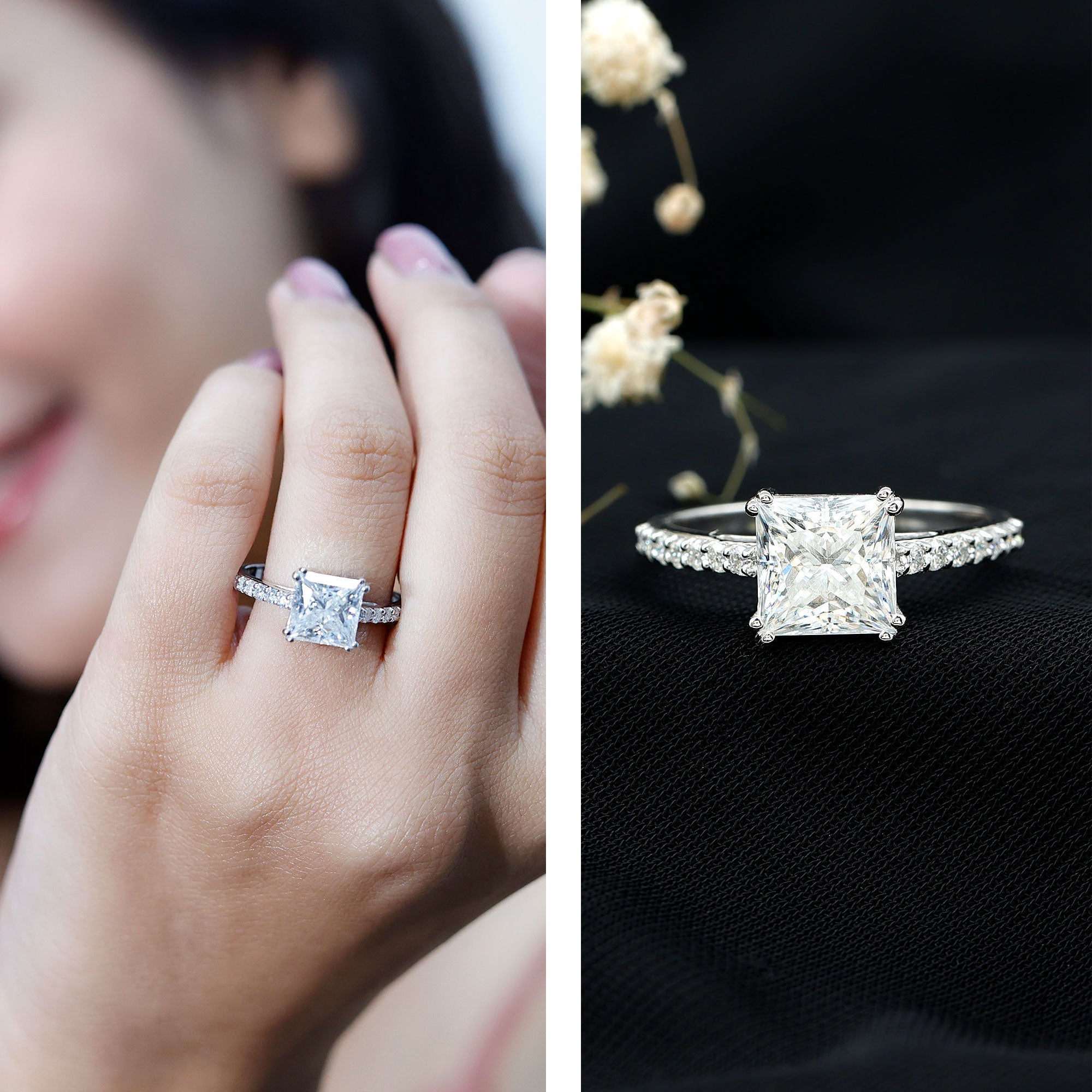 Classic Princess Cut Moissanite Solitaire Engagement Ring with Side Stones