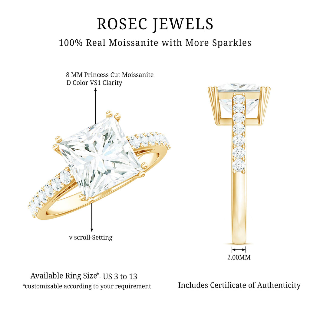 Classic Princess Cut Moissanite Solitaire Engagement Ring with Side Stones