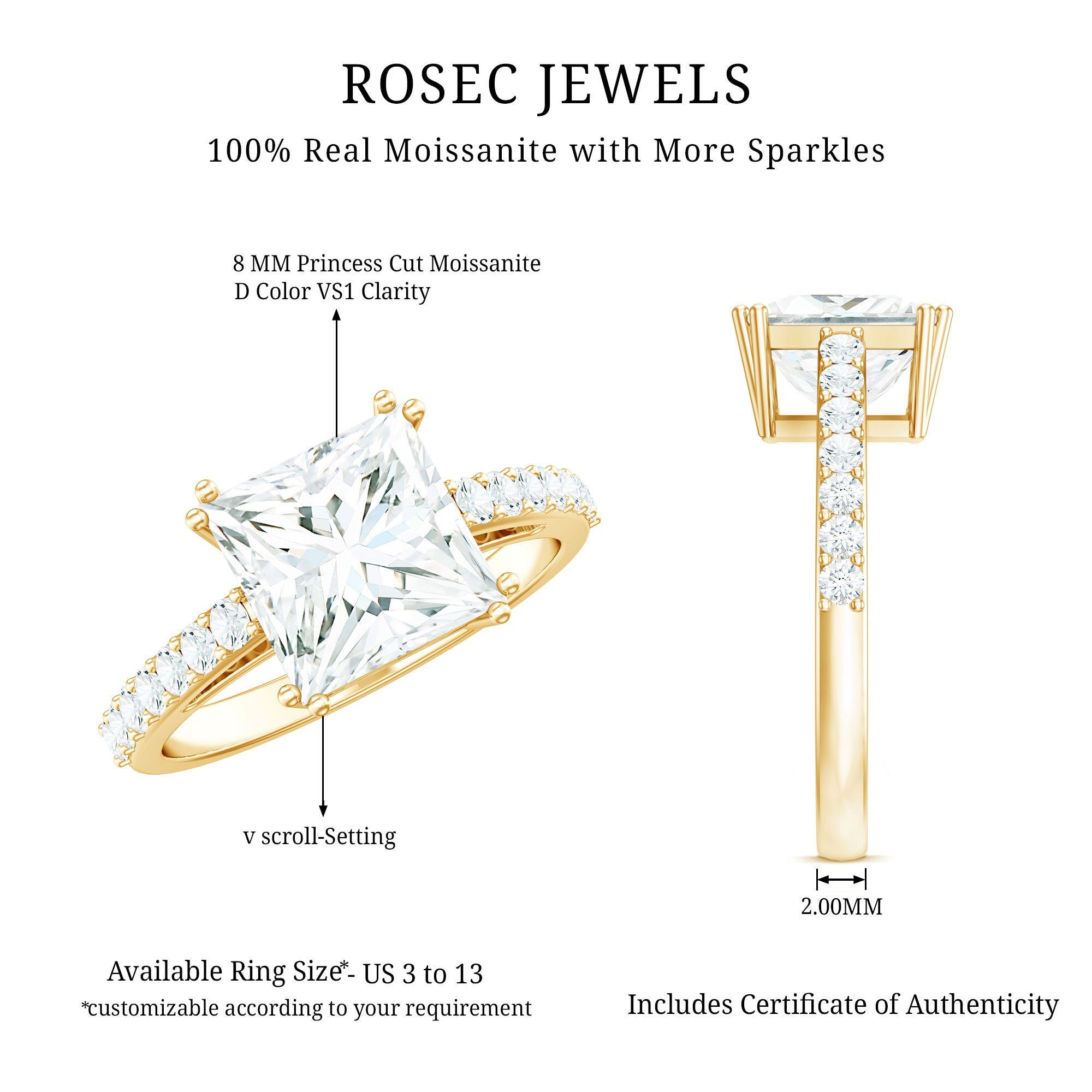 Classic Princess Cut Moissanite Solitaire Engagement Ring with Side Stones