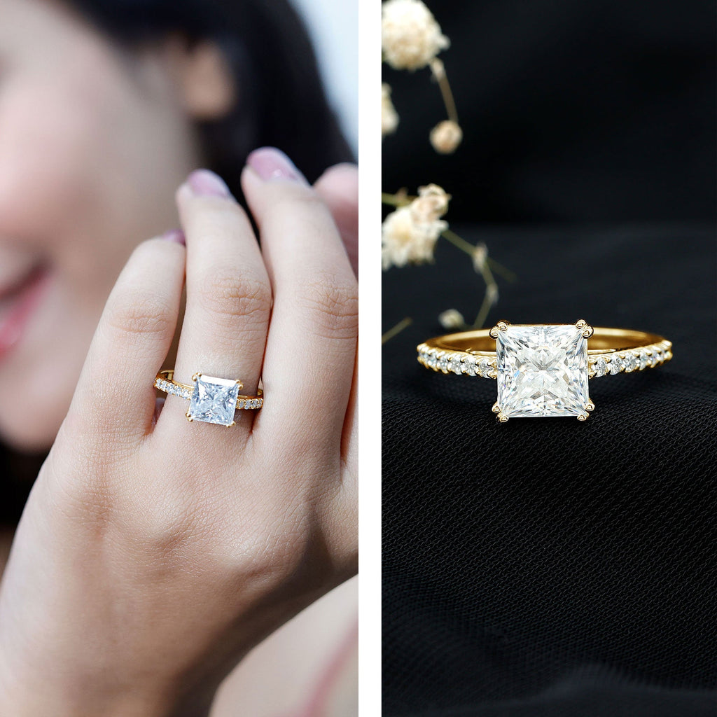 Classic Princess Cut Moissanite Solitaire Engagement Ring with Side Stones