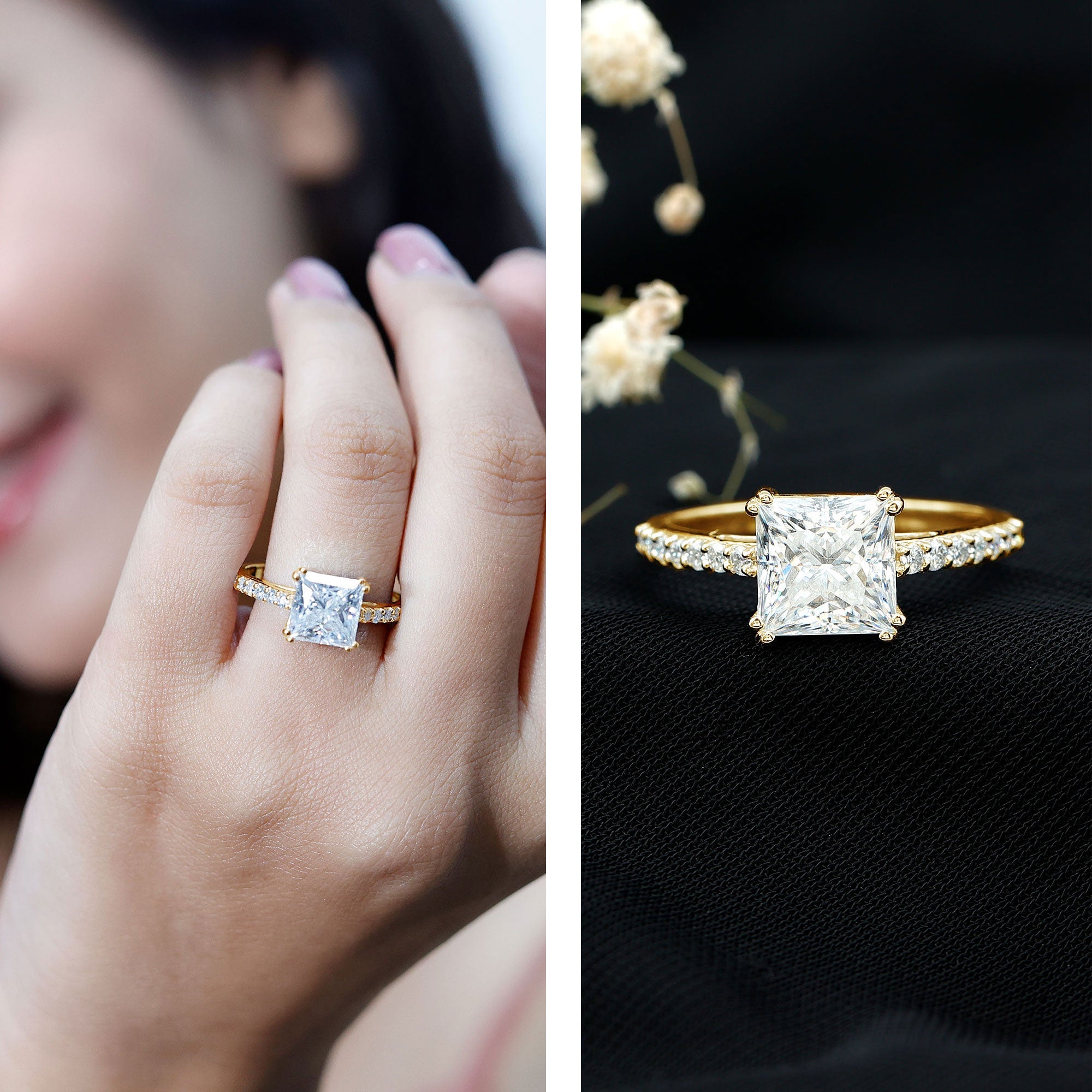 Classic Princess Cut Moissanite Solitaire Engagement Ring with Side Stones
