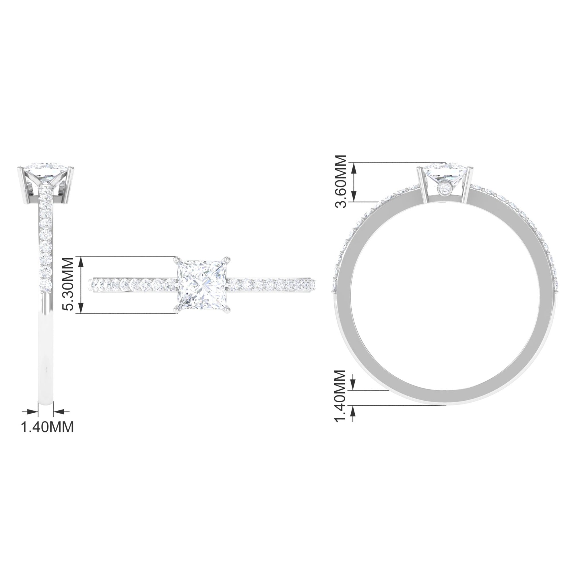 3/4 CT Princess Cut Zircon Solitaire Ring with Surprise and Side Stones
