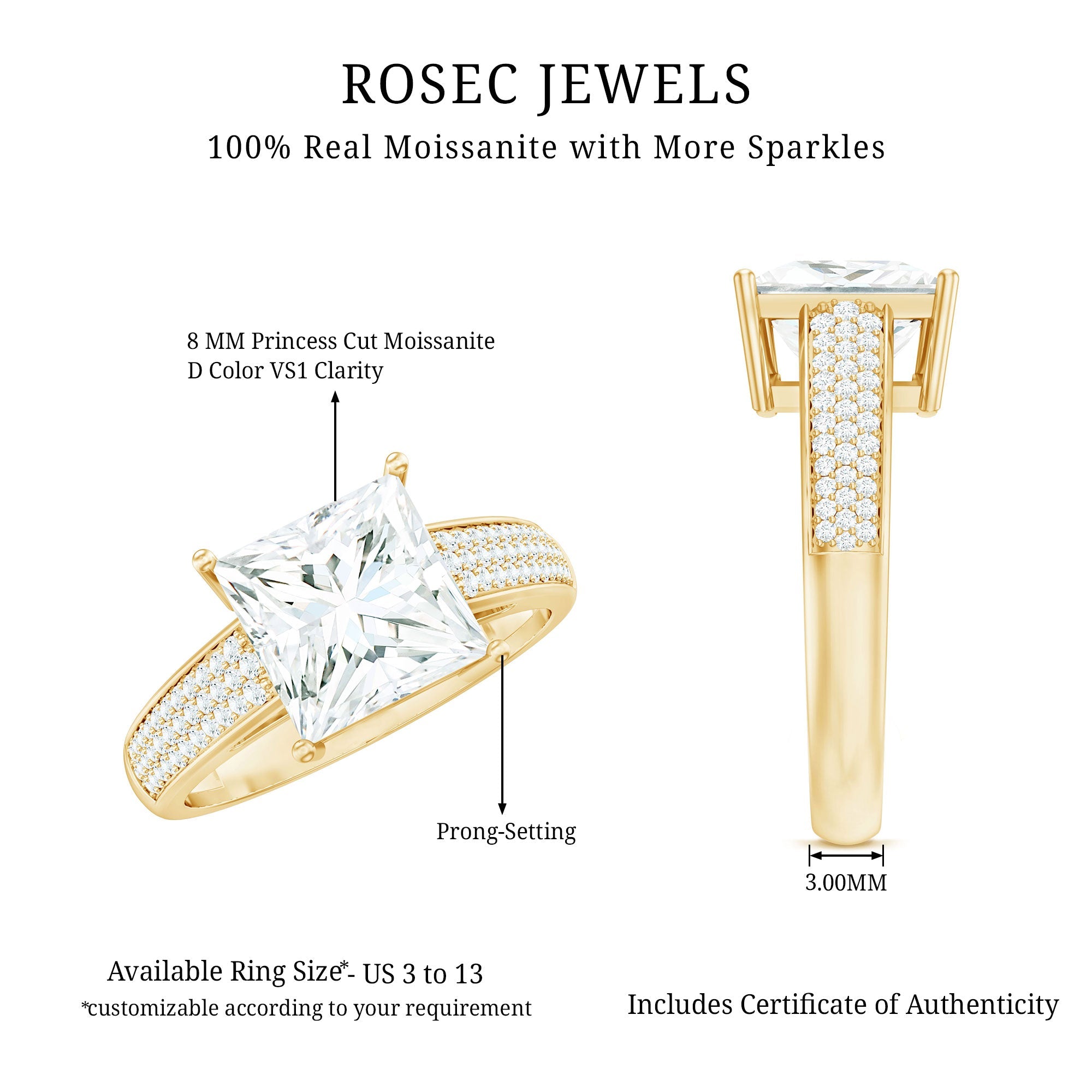Princess Cut Moissanite Engagement Ring With Certificate