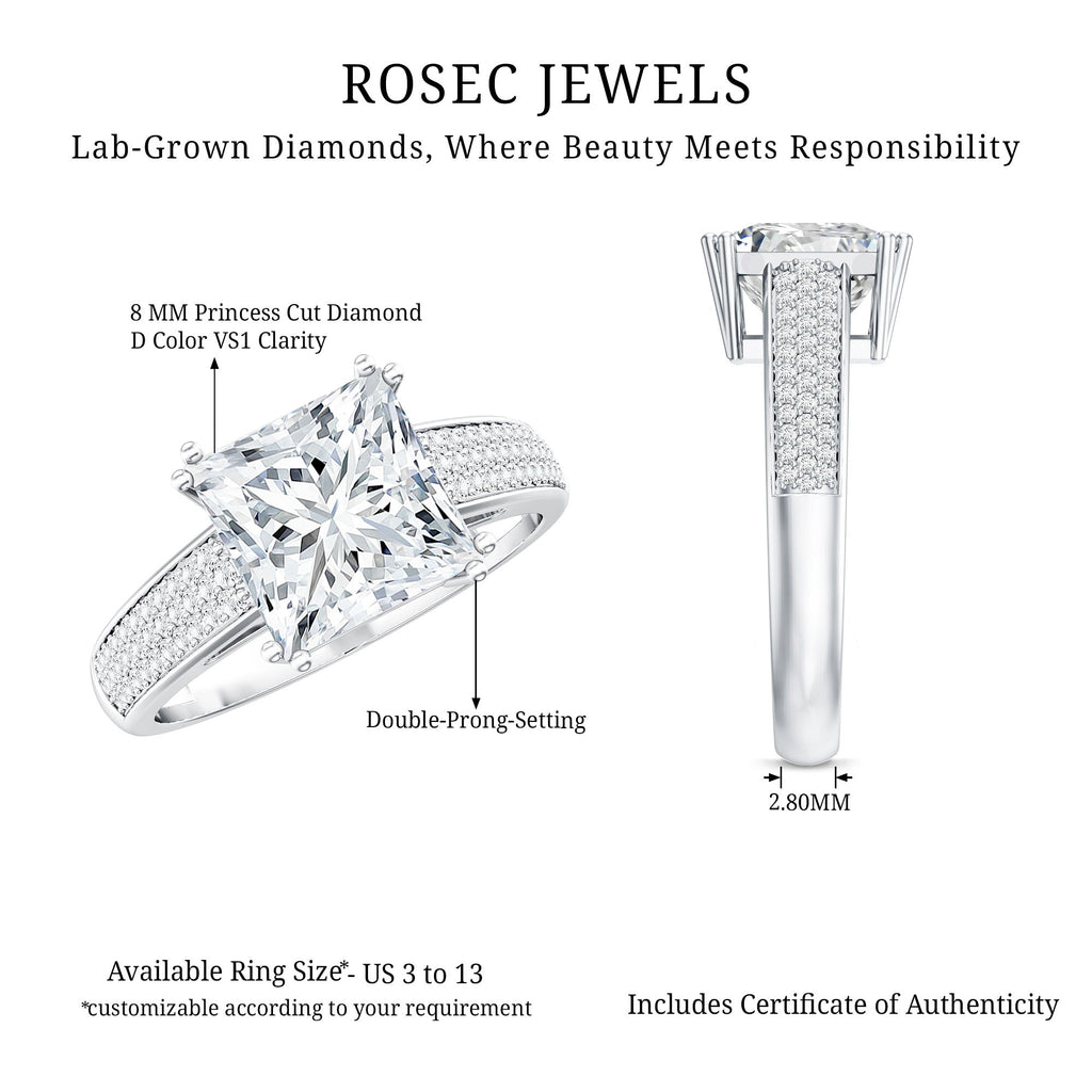 8MM Princess Cut Moissanite Side Stone Engagement Ring