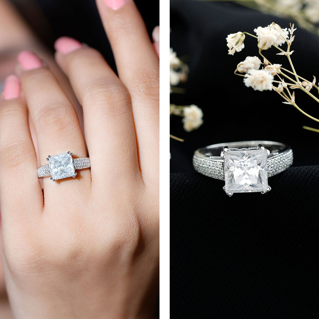 8MM Princess Cut Moissanite Side Stone Engagement Ring