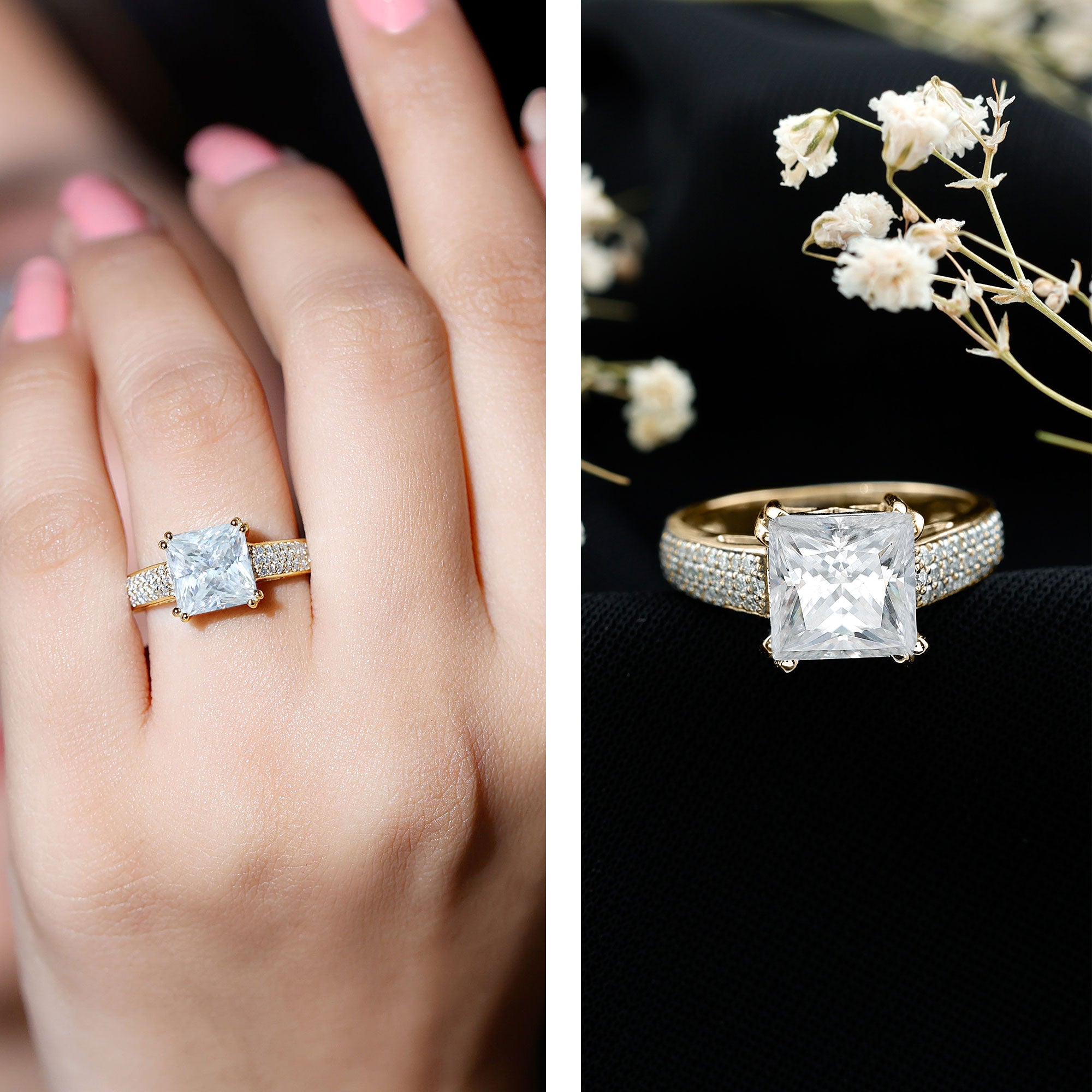 8MM Princess Cut Moissanite Side Stone Engagement Ring