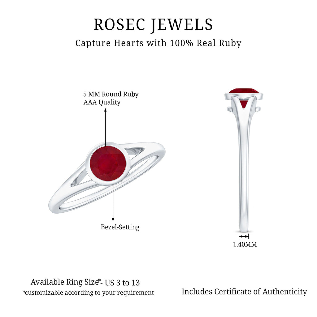 July Birthstone 5 MM Ruby Solitaire Ring in Bezel Setting with Split Shank