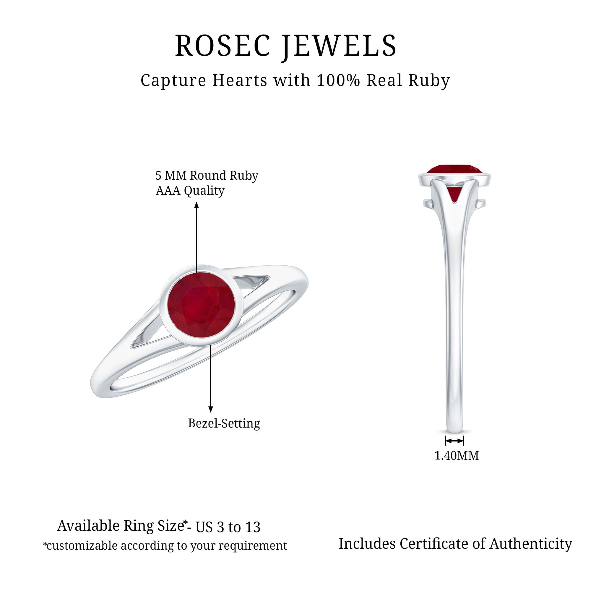 July Birthstone 5 MM Ruby Solitaire Ring in Bezel Setting with Split Shank