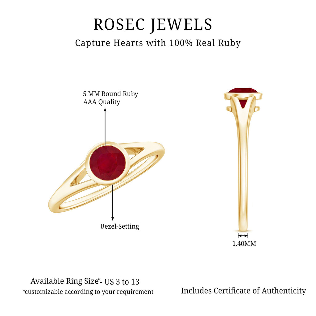 July Birthstone 5 MM Ruby Solitaire Ring in Bezel Setting with Split Shank