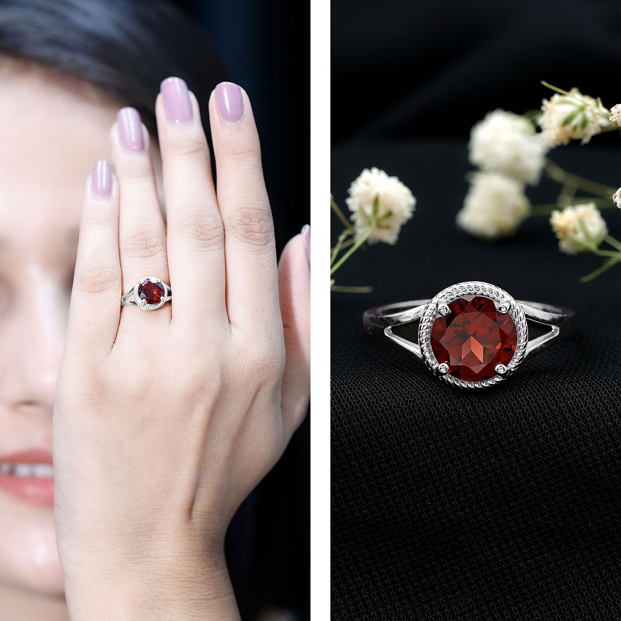 Real 8mm Solitaire Garnet Engagement Ring with Split Shank