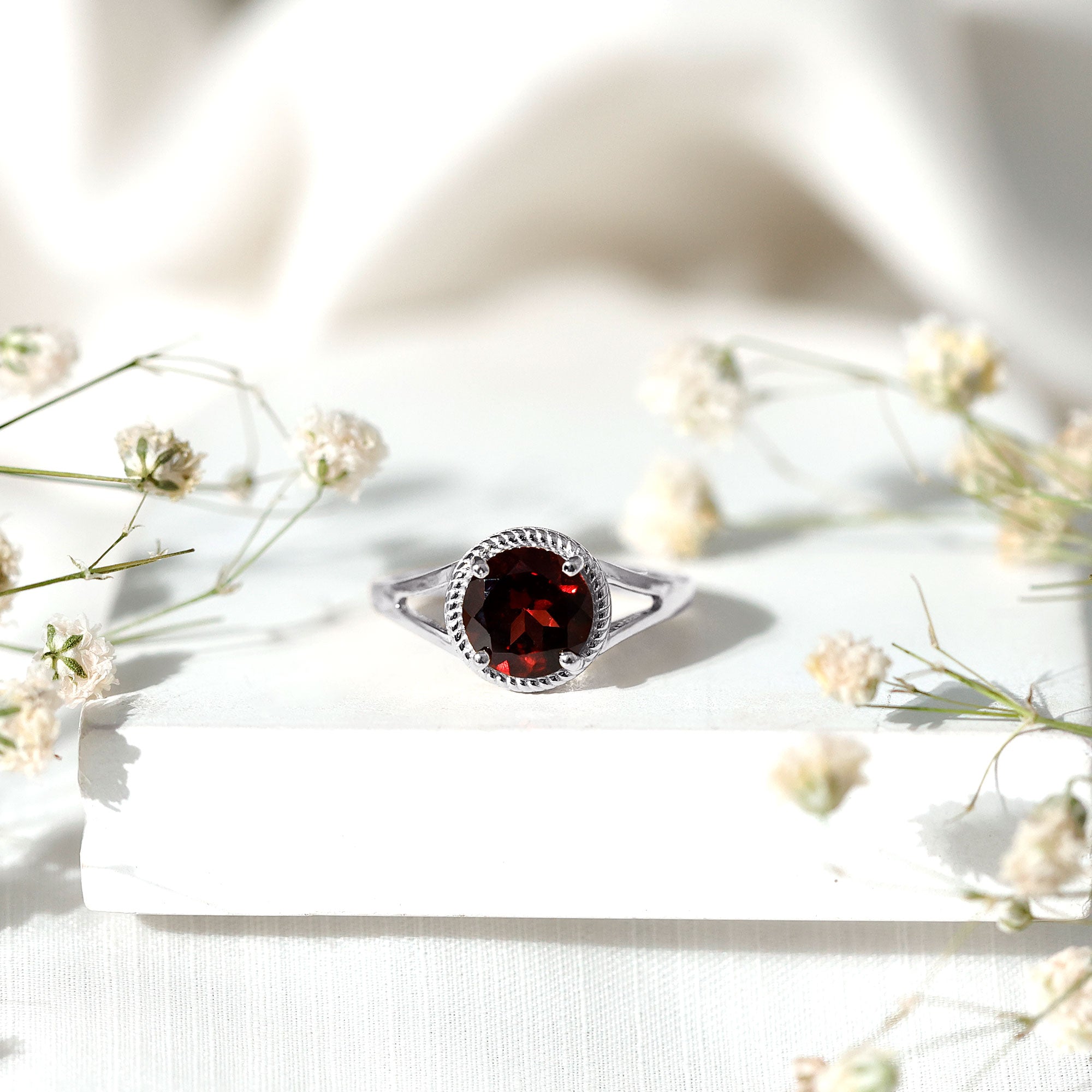 Real 8mm Solitaire Garnet Engagement Ring with Split Shank