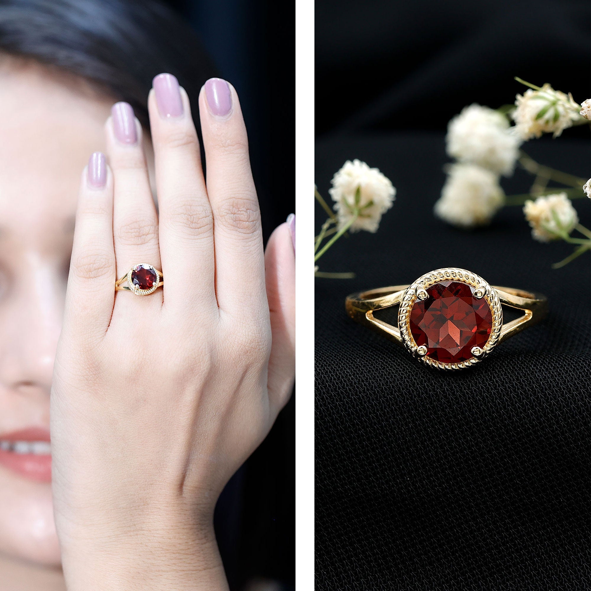 Real 8mm Solitaire Garnet Engagement Ring with Split Shank