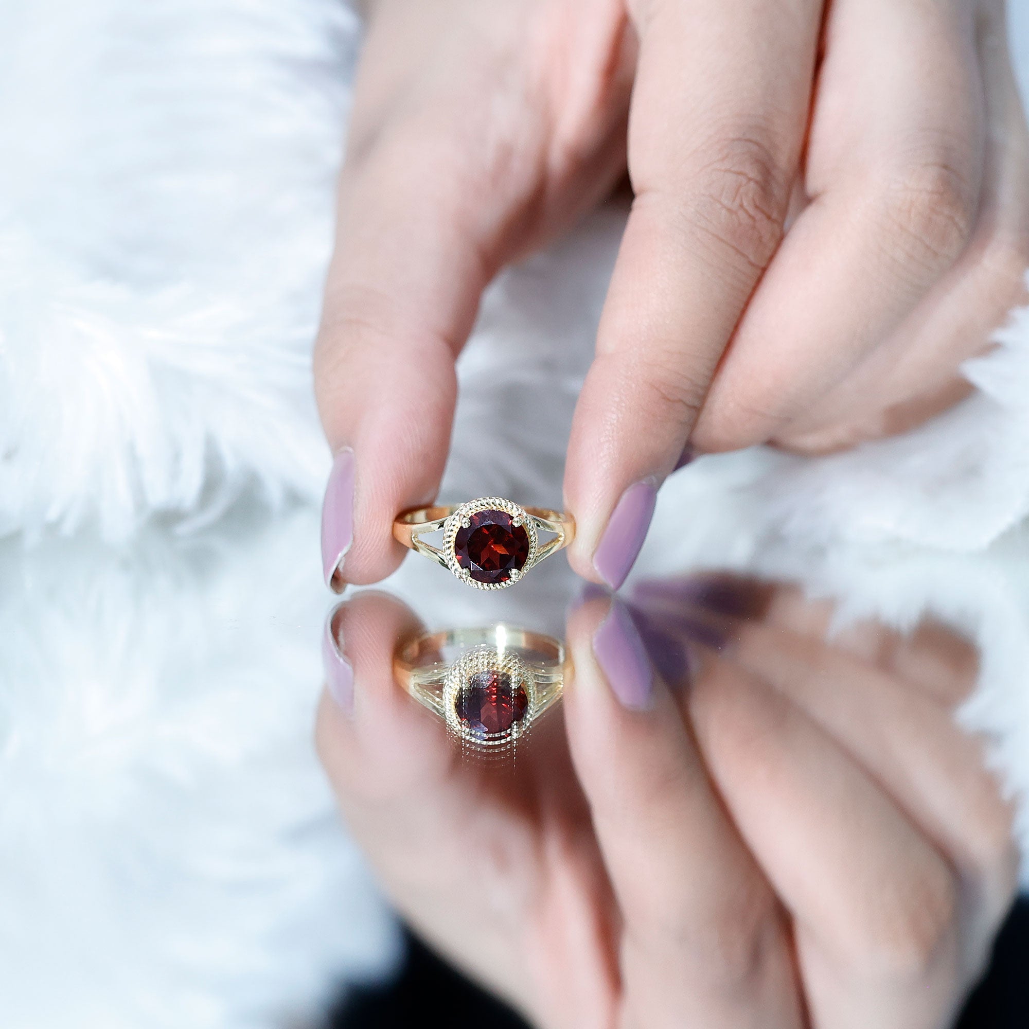 Real 8mm Solitaire Garnet Engagement Ring with Split Shank