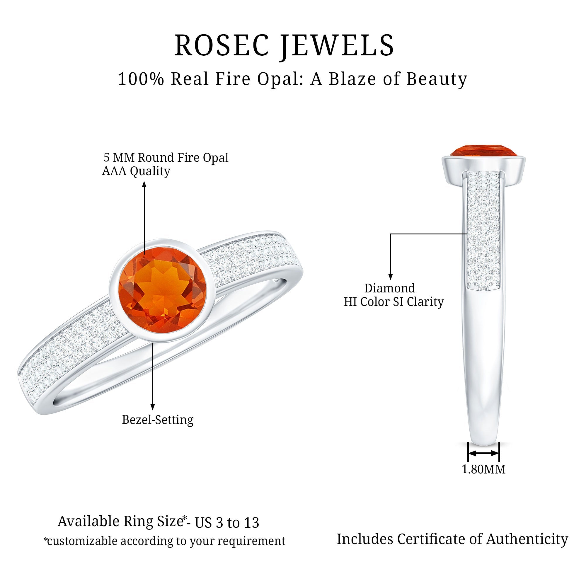 3/4 CT Round Shape Fire Opal Engagement Ring with Diamond