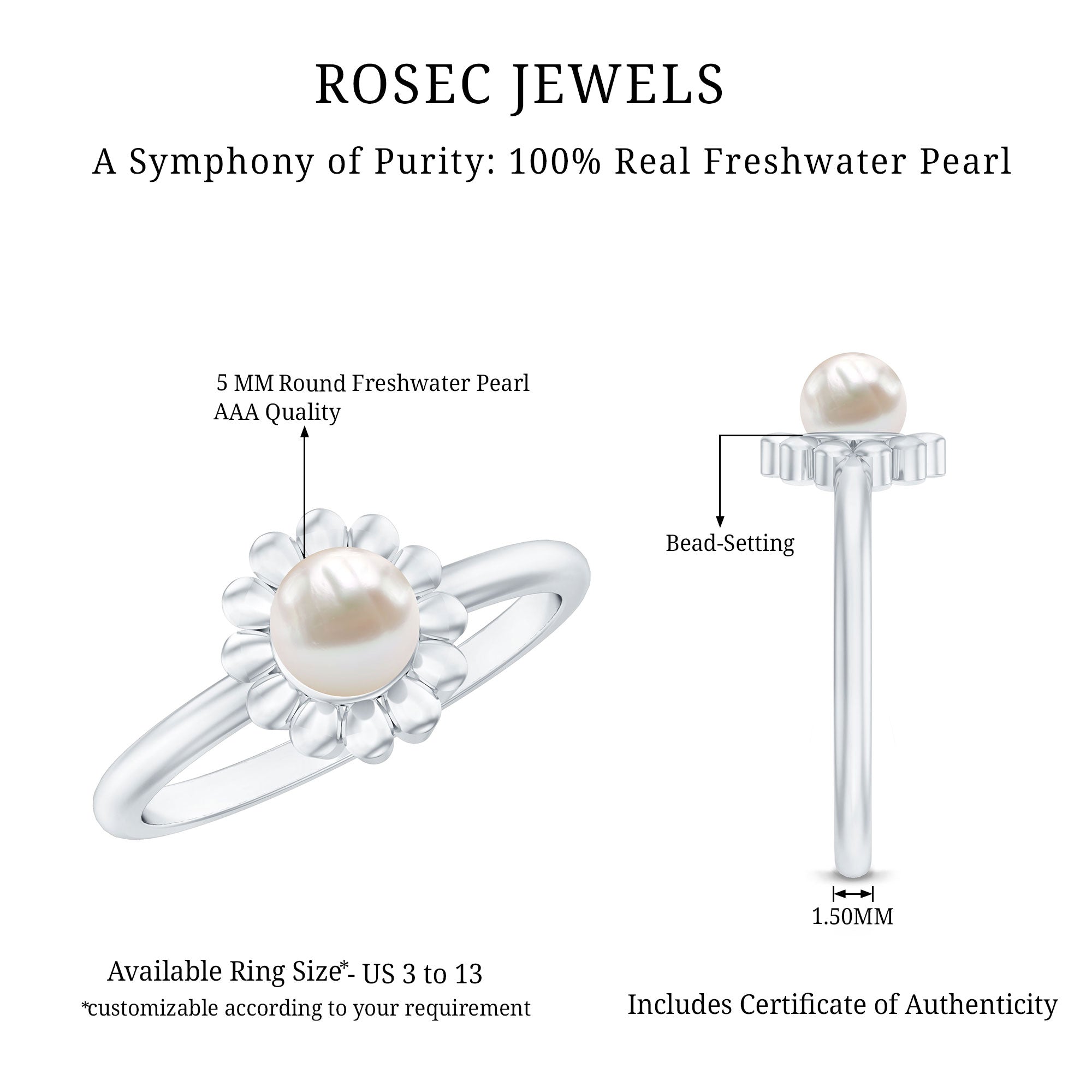 Floral Gold Freshwater Pearl Solitaire Engagement Ring