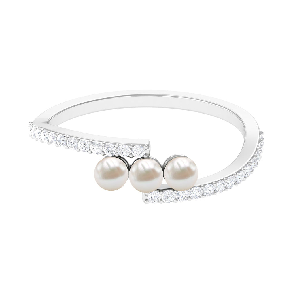 3/4 CT Three Stone Freshwater Pearl Bypass Ring with Diamond