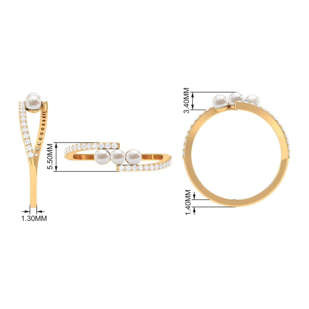 3/4 CT Three Stone Freshwater Pearl Bypass Ring with Diamond
