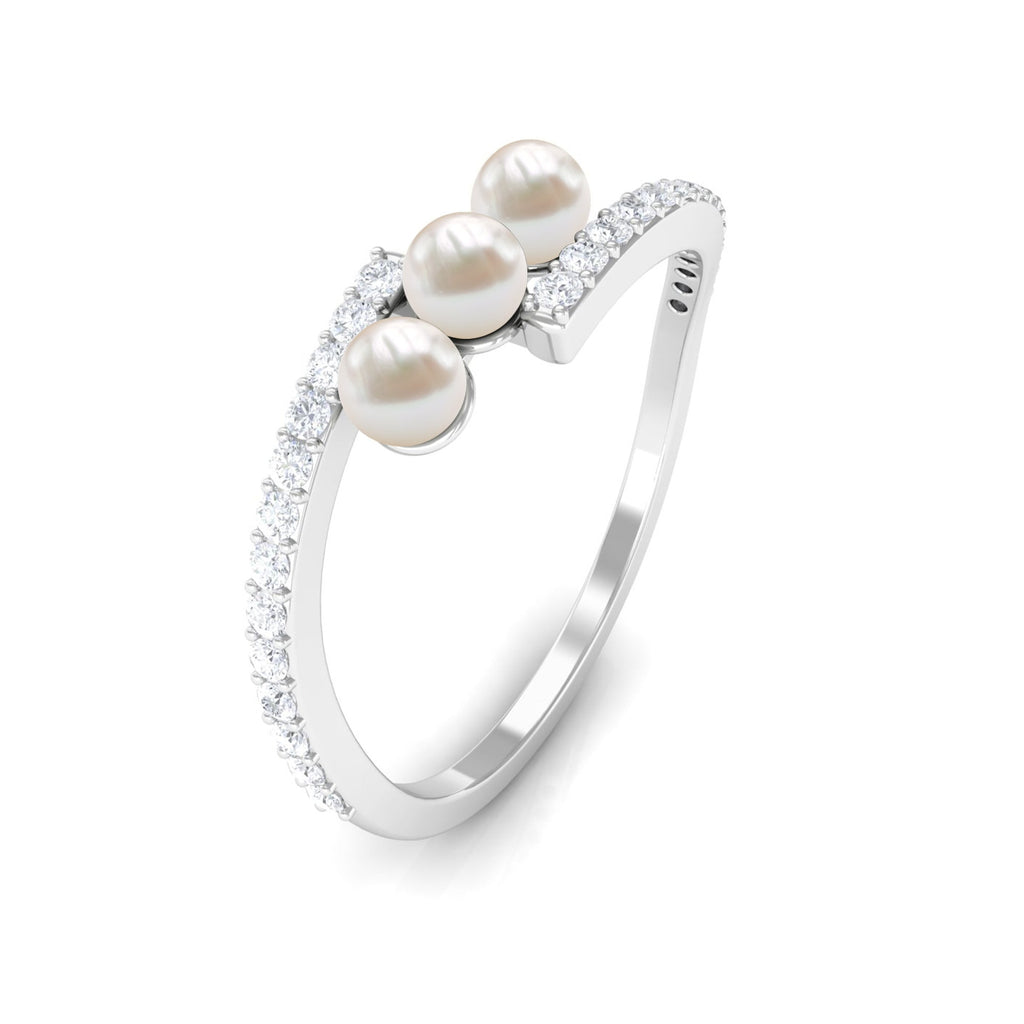 3/4 CT Three Stone Freshwater Pearl Bypass Ring with Diamond