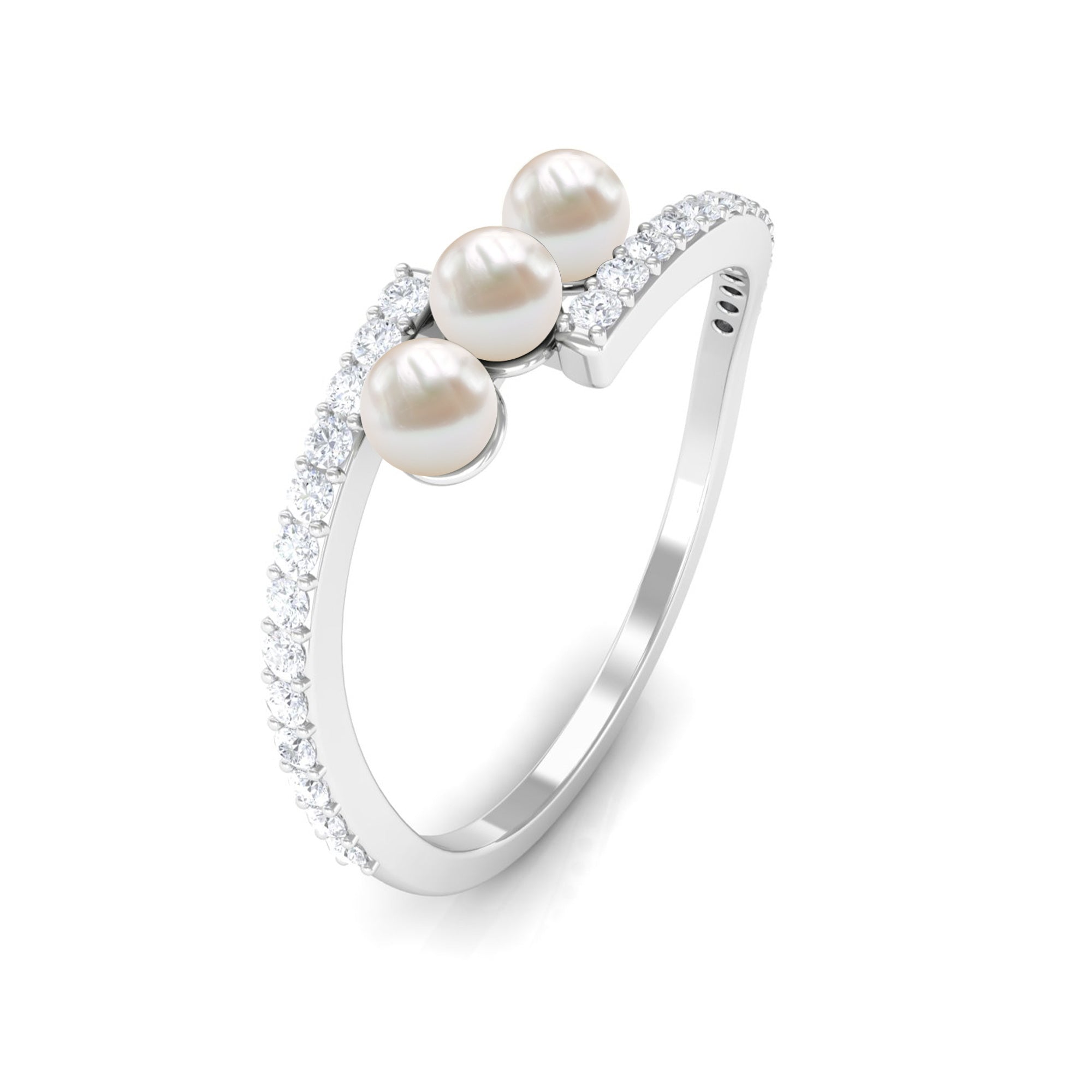 3/4 CT Three Stone Freshwater Pearl Bypass Ring with Diamond