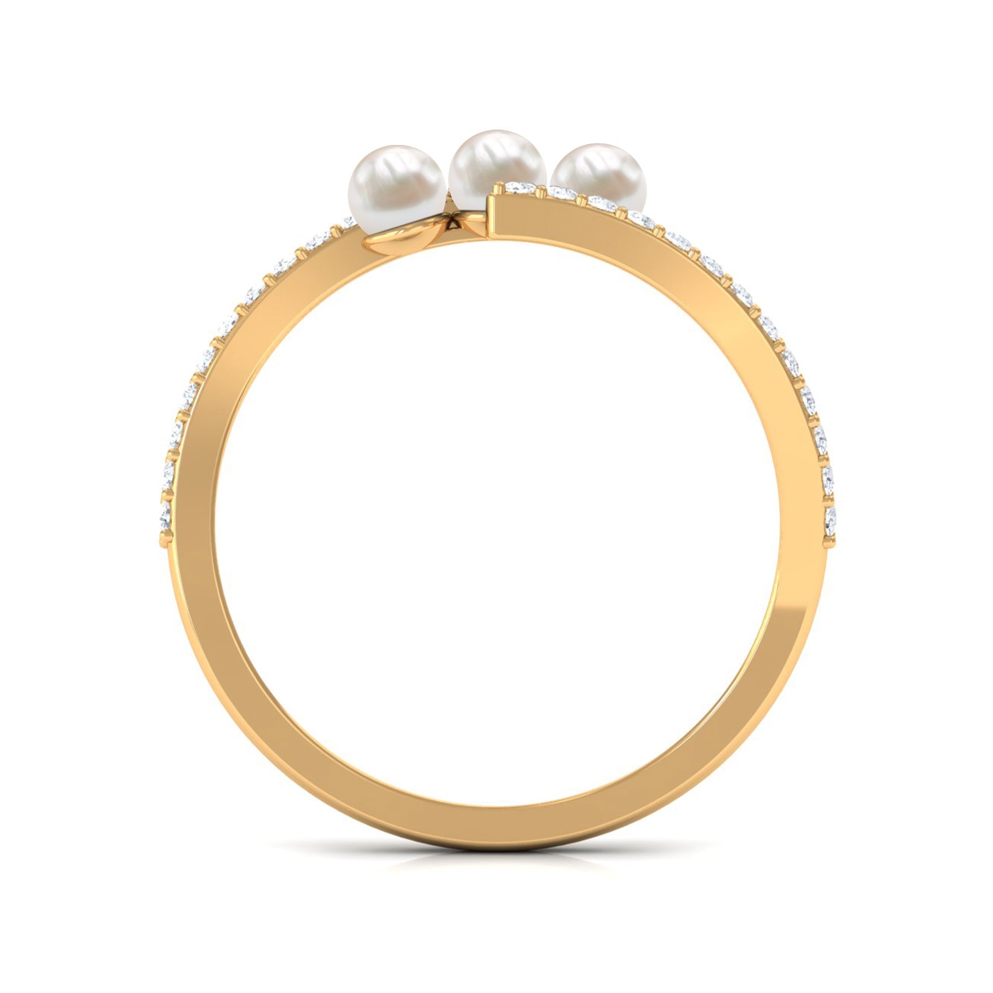 3/4 CT Three Stone Freshwater Pearl Bypass Ring with Diamond