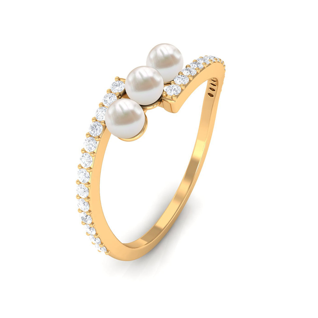 3/4 CT Three Stone Freshwater Pearl Bypass Ring with Diamond