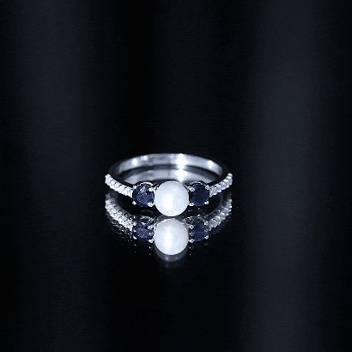 Pure Freshwater Pearl and Blue Sapphire Engagement Ring with Moissanite