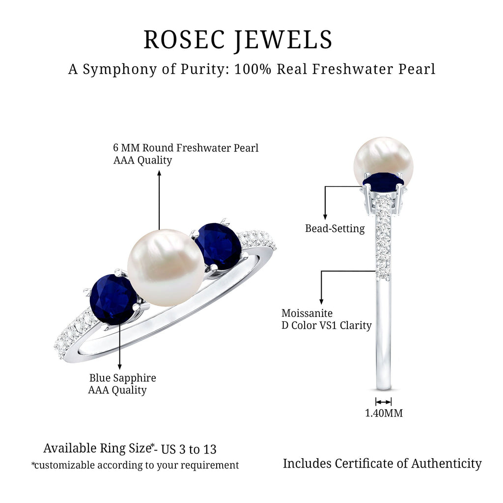 Pure Freshwater Pearl and Blue Sapphire Engagement Ring with Moissanite