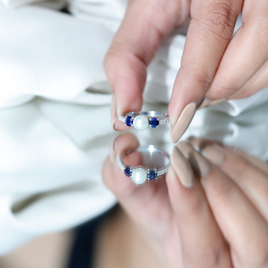 Pure Freshwater Pearl and Blue Sapphire Engagement Ring with Moissanite